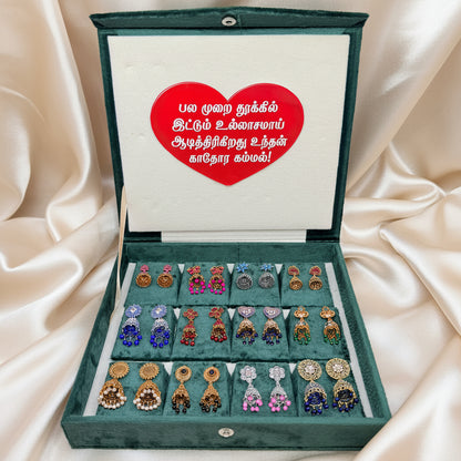 12 Pairs Premium Designer Jhumka Earrings Combo Set with Emerald Green Velvet Gift Box & Tamil Kavithai | Traditional Ethnic Jewellery Gift Box