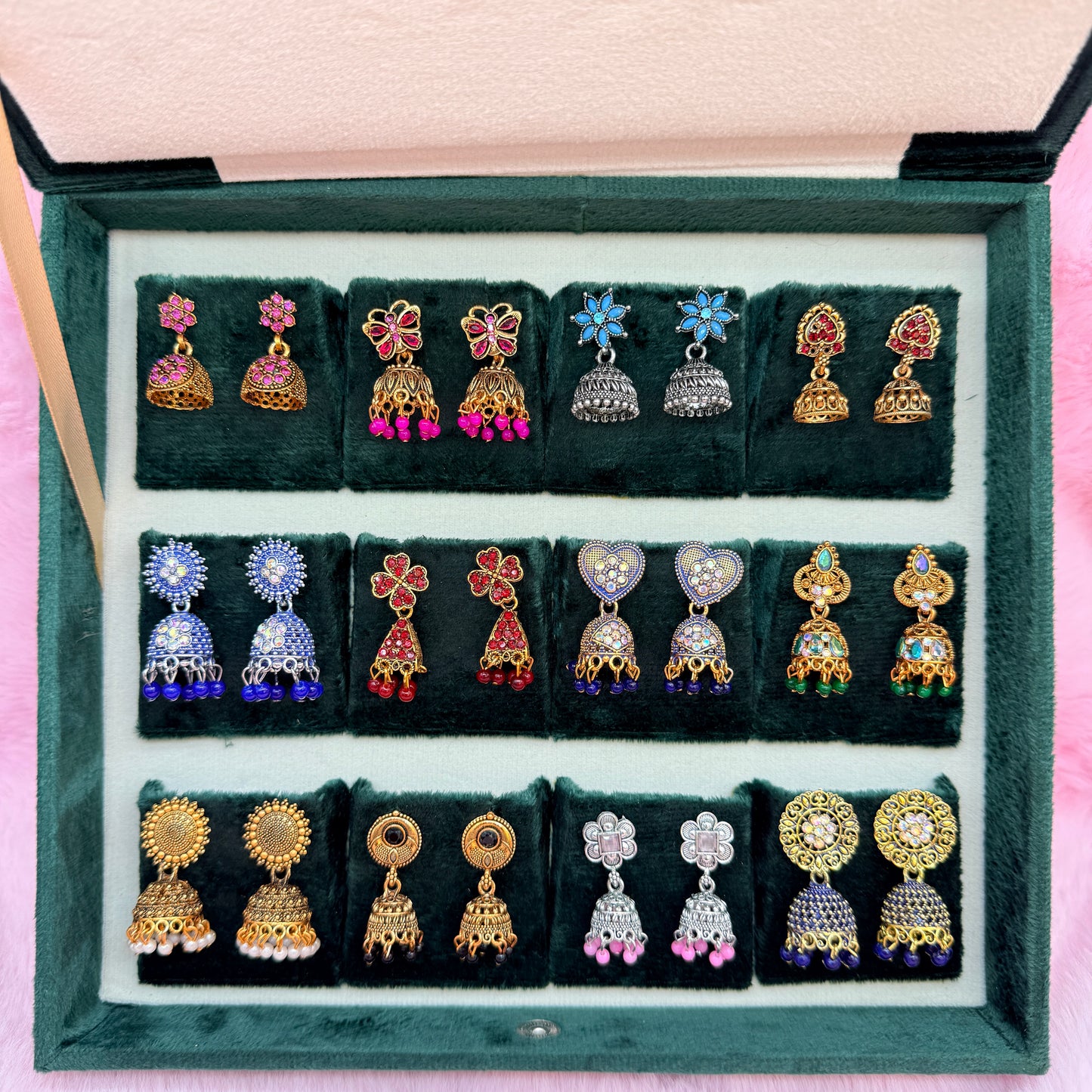 12 Pairs Premium Designer Jhumka Earrings Combo Set with Emerald Green Velvet Gift Box & Tamil Kavithai | Traditional Ethnic Jewellery Gift Box