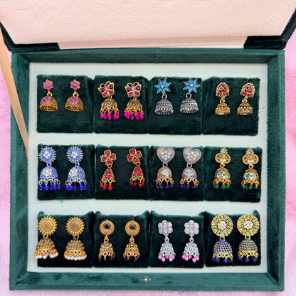 12 Pairs Premium Designer Jhumka Earrings Combo Set with Emerald Green Velvet Gift Box & Tamil Kavithai | Traditional Ethnic Jewellery Gift Box