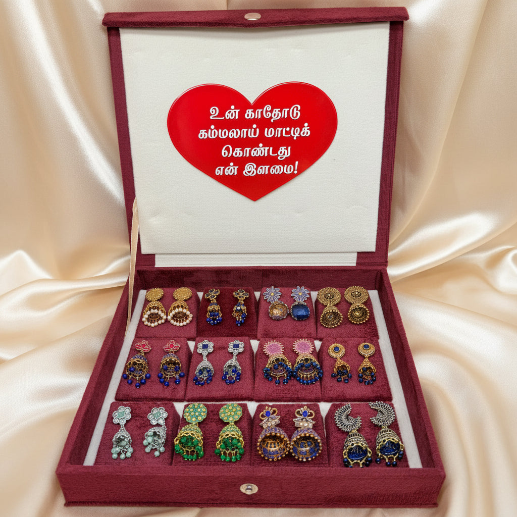 12 Pairs Premium Designer Jhumka Earrings Combo Set with Maroon Velvet Gift Box & Tamil Kavithai | Traditional Ethnic Jewellery Gift