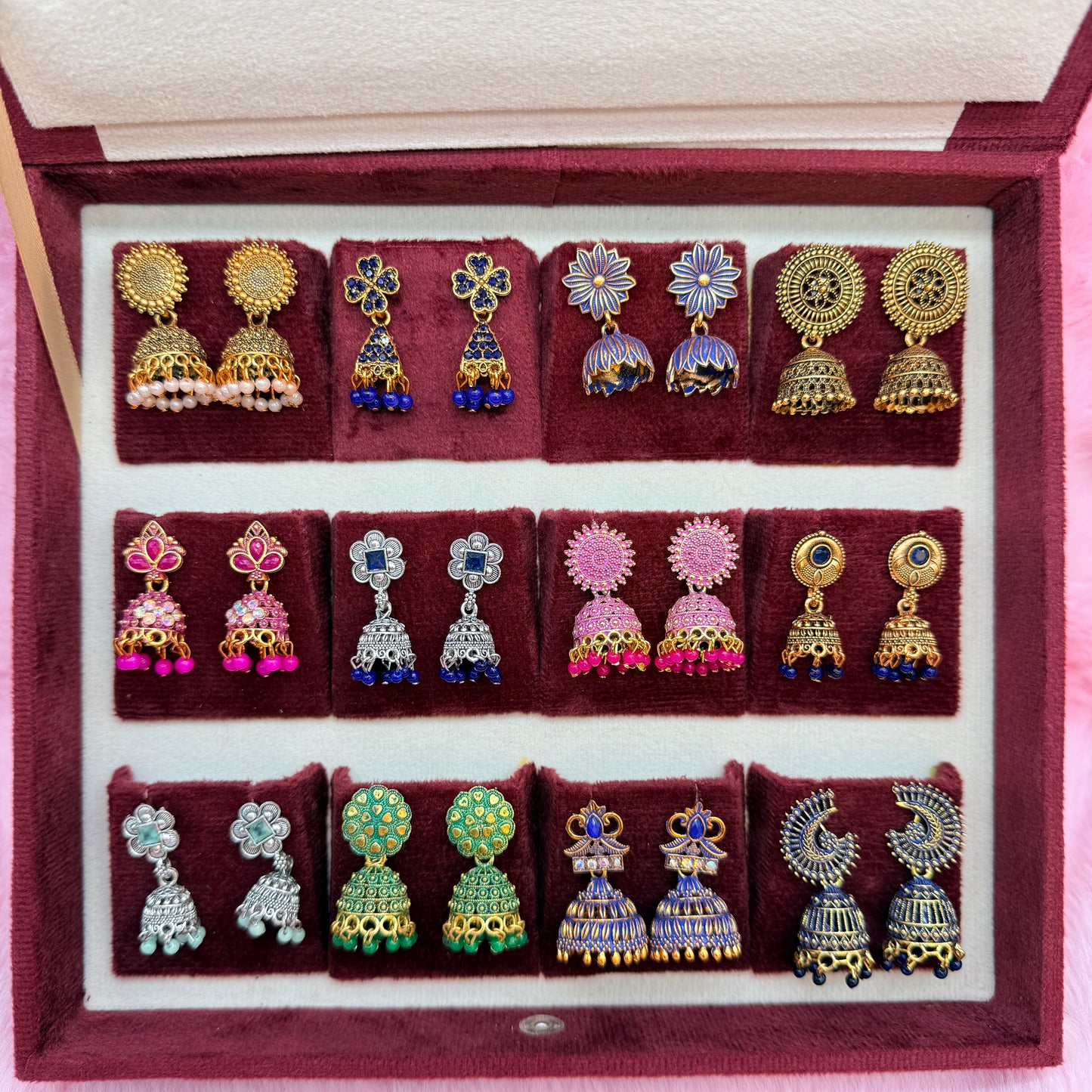 12 Pairs Premium Designer Jhumka Earrings Combo Set with Maroon Velvet Gift Box & Tamil Kavithai | Traditional Ethnic Jewellery Gift