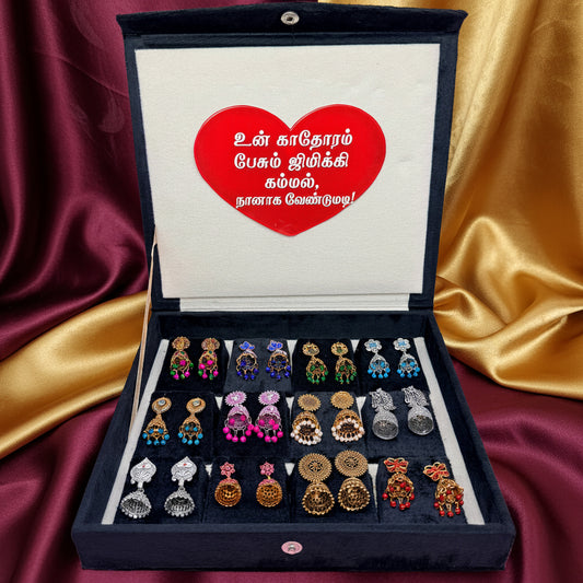 12 Pairs Premium Designer Jhumka Earrings Combo Set with Black Velvet Gift Box & Tamil Kavithai | Traditional Ethnic Jewellery Gift for Women