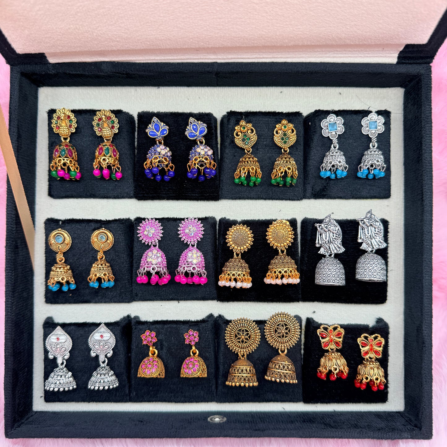 12 Pairs Premium Designer Jhumka Earrings Combo Set with Black Velvet Gift Box & Tamil Kavithai | Traditional Ethnic Jewellery Gift for Women