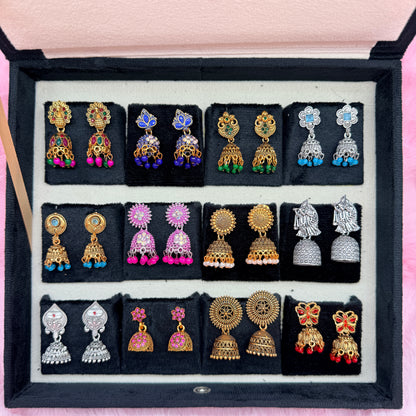 12 Pairs Premium Designer Jhumka Earrings Combo Set with Black Velvet Gift Box & Tamil Kavithai | Traditional Ethnic Jewellery Gift for Women