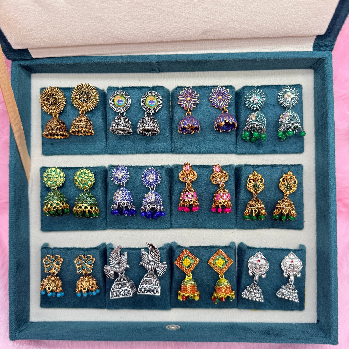 12 Pairs Premium Designer Jhumka Earrings Combo Set with Teal Velvet Gift Box & Tamil Kavithai | Traditional Ethnic Jewellery Gift for Women