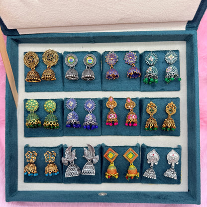 12 Pairs Premium Designer Jhumka Earrings Combo Set with Teal Velvet Gift Box & Tamil Kavithai | Traditional Ethnic Jewellery Gift for Women