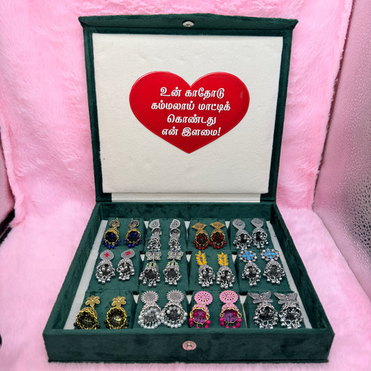 12 Pairs Premium Designer Jhumka Earrings Combo Set with Teal Velvet Gift Box & Tamil Kavithai | Traditional Ethnic Jewellery Gift for Women