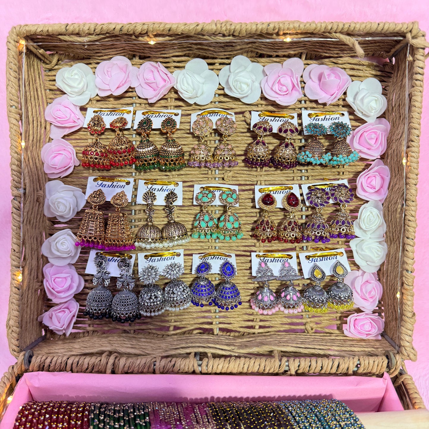 Premium Bridal Bangle & Jhumka Combo Gift Box – 15 Dozen Trending Glass Bangles with Matching Designer Jhumka Earrings | Size 2.6