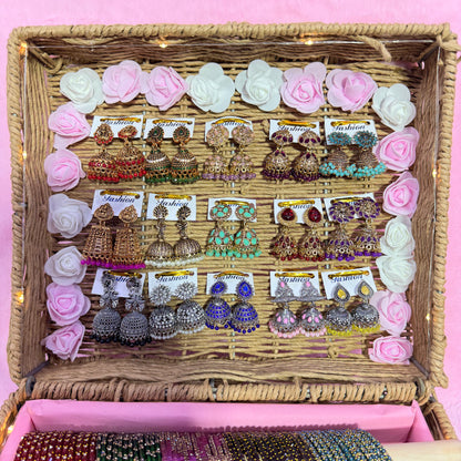 Premium Bridal Bangle & Jhumka Combo Gift Box – 15 Dozen Trending Glass Bangles with Matching Designer Jhumka Earrings | Size 2.6