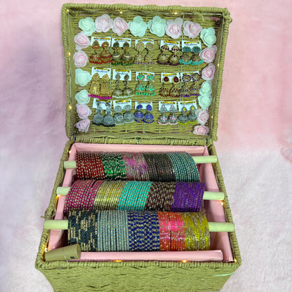 Premium Bridal Bangle & Jhumka Combo Gift Box – 15 Dozen Trending Glass Bangles with Matching Designer Jhumka Earrings | Size 2.6
