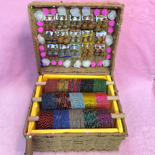 Premium Bridal Bangle & Jhumka Combo Gift Box – 15 Dozen Trending Glass Bangles with Matching Designer Jhumka Earrings | Size 2.6