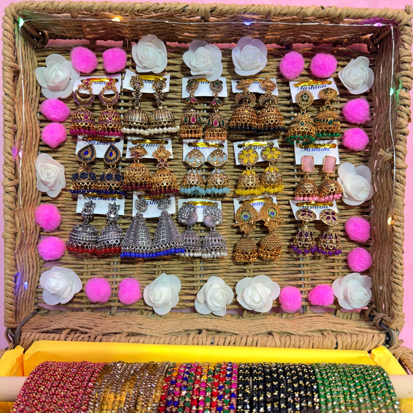 Premium Bridal Bangle & Jhumka Combo Gift Box – 15 Dozen Trending Glass Bangles with Matching Designer Jhumka Earrings | Size 2.6