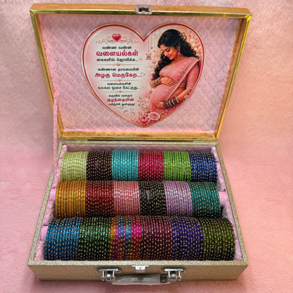 Premium Valaikappu Glass Bangle Gift Box – 18 Dozen Trending Bangles with Tamil Valaikappu Kavithai | Size 2.6