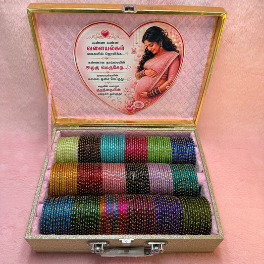 Premium Valaikappu Glass Bangle Gift Box – 18 Dozen Trending Bangles with Tamil Valaikappu Kavithai | Size 2.6