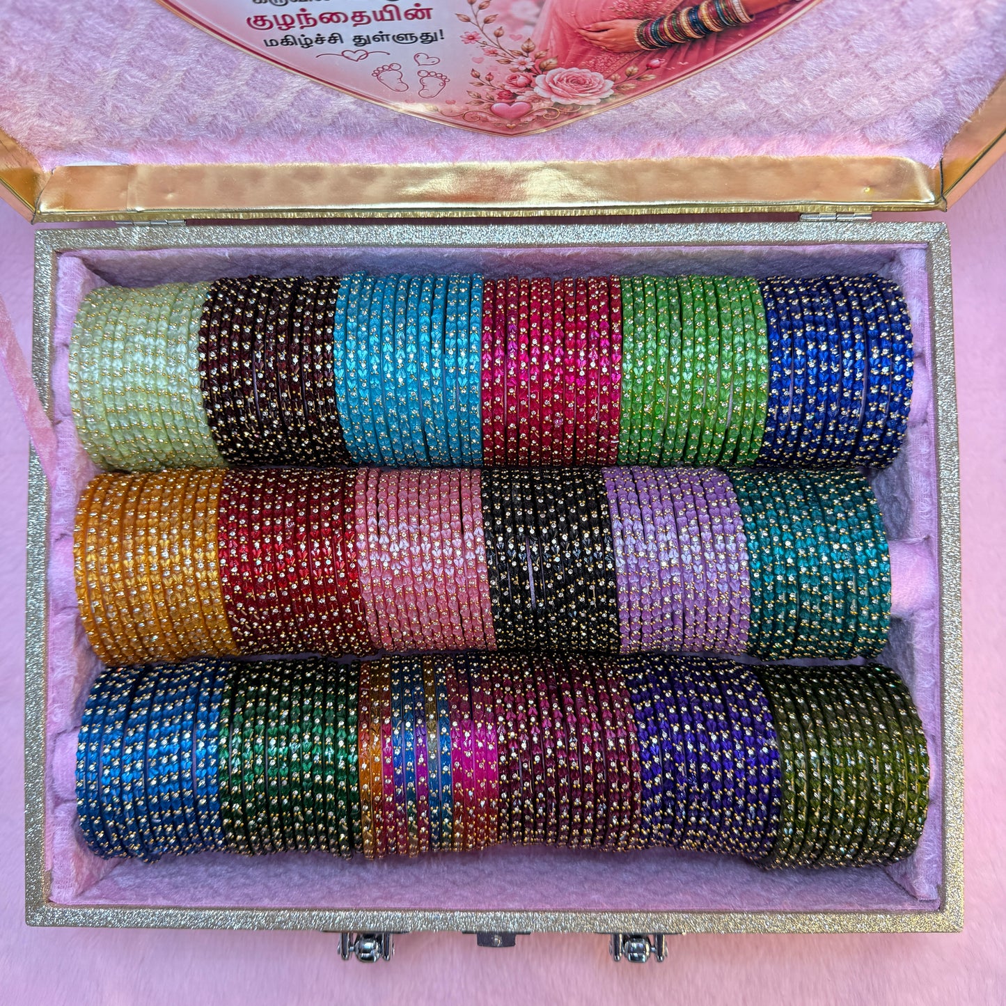 Premium Valaikappu Glass Bangle Gift Box – 18 Dozen Trending Bangles with Tamil Valaikappu Kavithai | Size 2.6