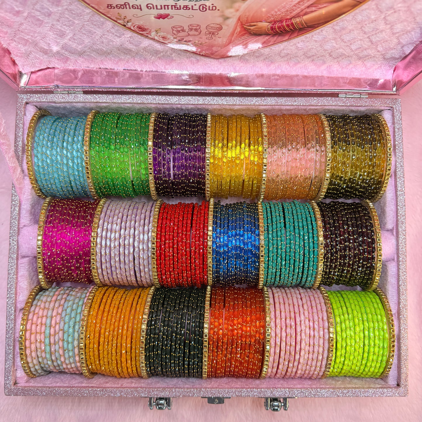 Premium Valaikappu Rain Drop Glass Bangle Combo Gift Box – Multicolor Collection | Size 2.8