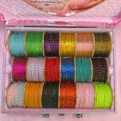 Premium Valaikappu Rain Drop Glass Bangle Combo Gift Box – Multicolor Collection | Size 2.8