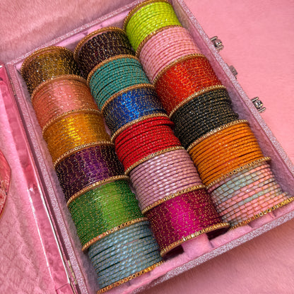 Premium Valaikappu Rain Drop Glass Bangle Combo Gift Box – Multicolor Collection | Size 2.8
