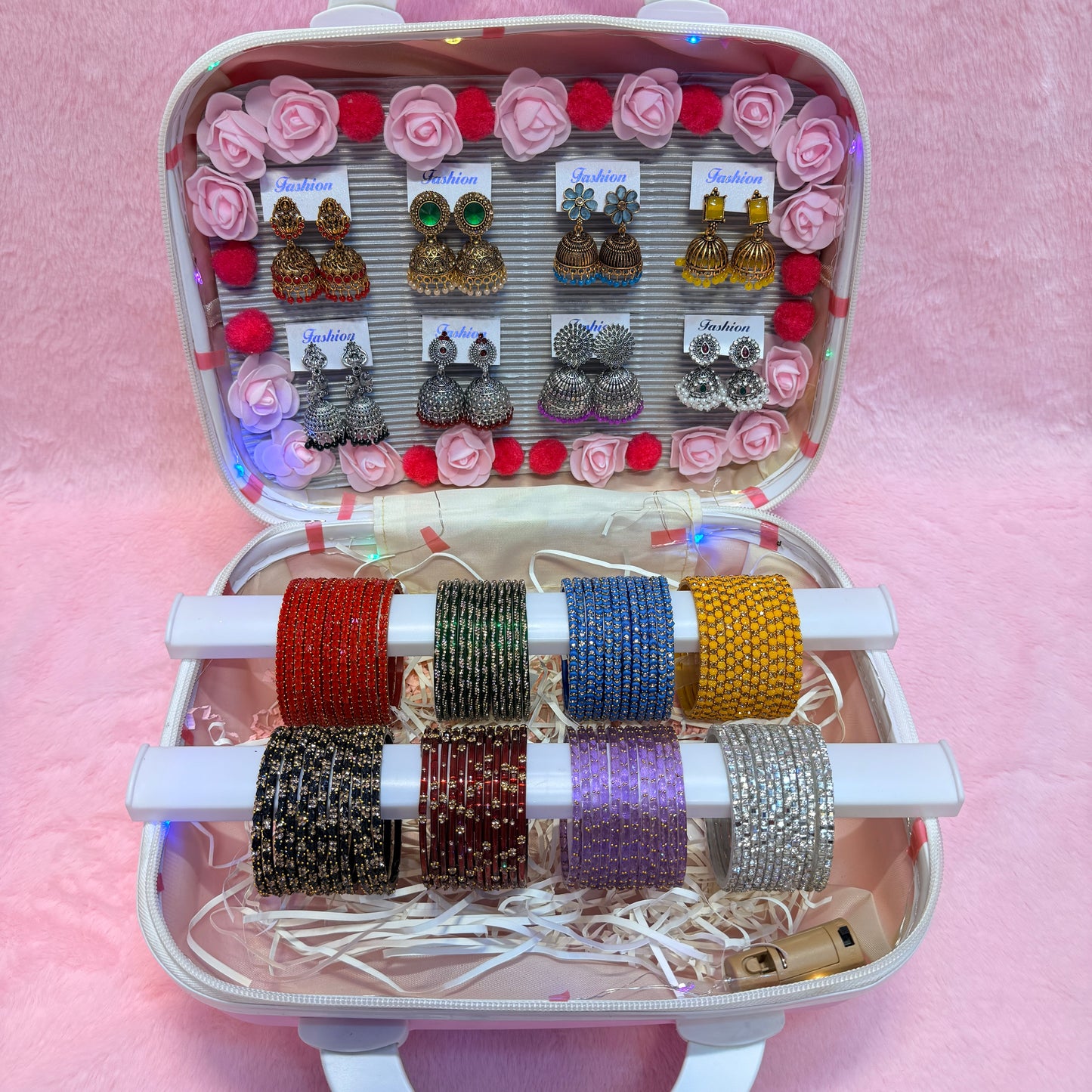 8 Dozen Designer Glass Bangles with 8 Matching Jhumka Earrings Combo | Premium Mini Suitcase Box
