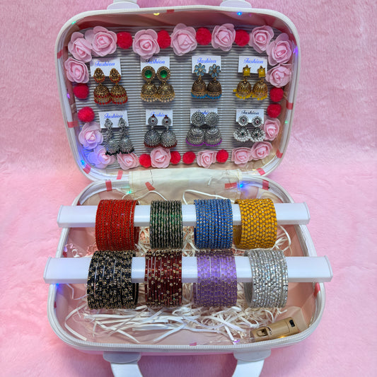 8 Dozen Designer Glass Bangles with 8 Matching Jhumka Earrings Combo | Premium Mini Suitcase Box
