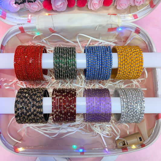 8 Dozen Designer Glass Bangles with 8 Matching Jhumka Earrings Combo | Premium Mini Suitcase Box