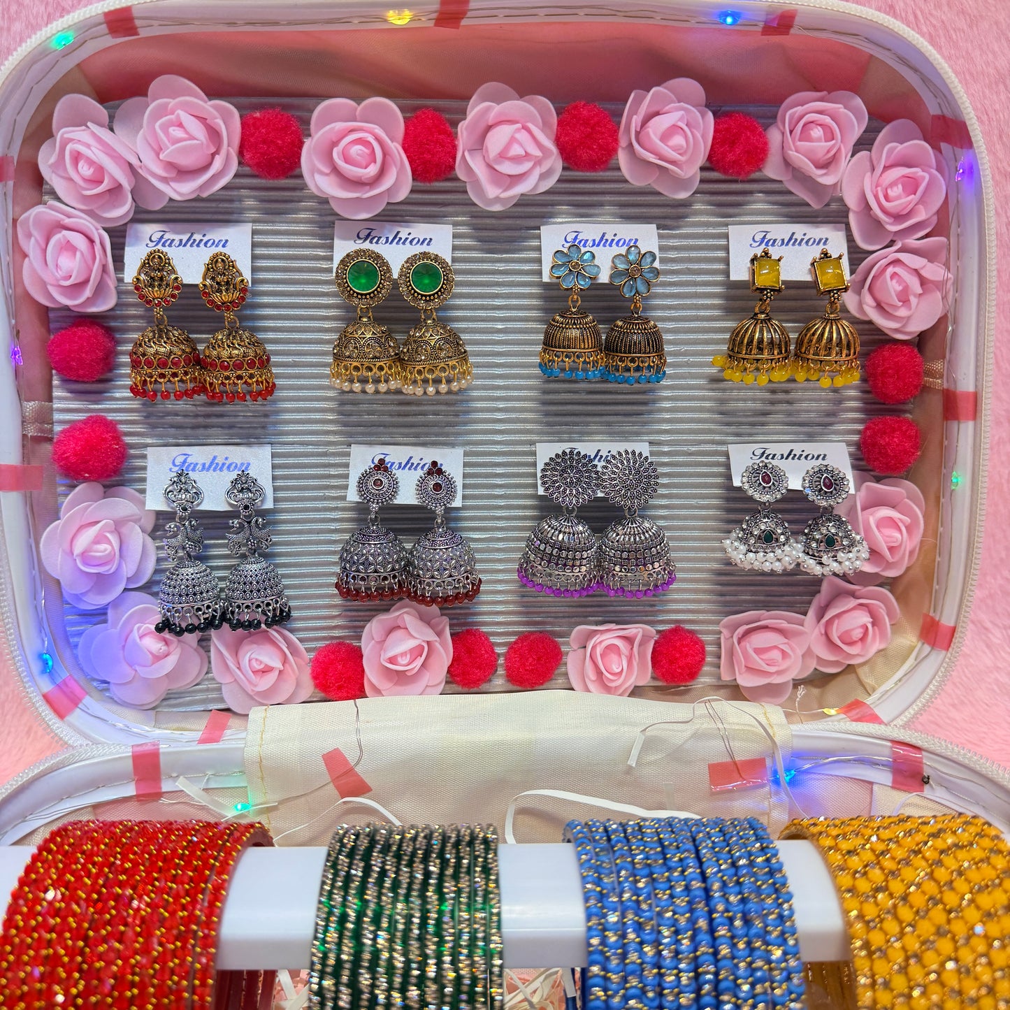 8 Dozen Designer Glass Bangles with 8 Matching Jhumka Earrings Combo | Premium Mini Suitcase Box