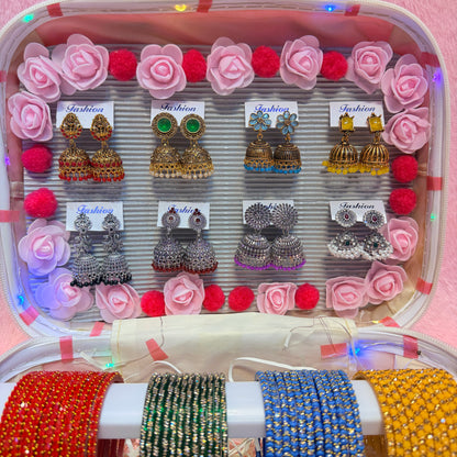8 Dozen Designer Glass Bangles with 8 Matching Jhumka Earrings Combo | Premium Mini Suitcase Box