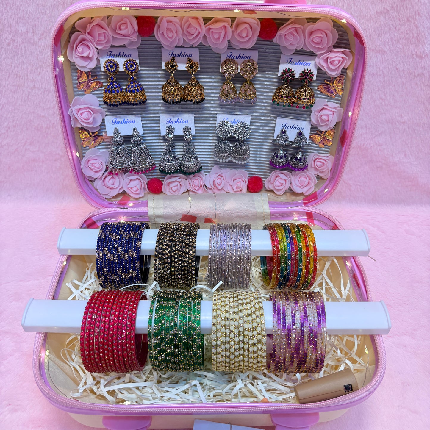 8 Dozen Designer Glass Bangles with 8 Matching Jhumka Earrings Combo | Premium Mini Suitcase Gift Box