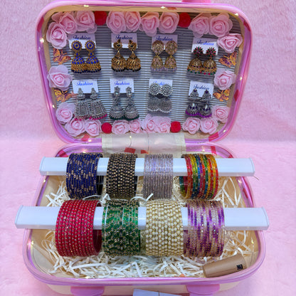 8 Dozen Designer Glass Bangles with 8 Matching Jhumka Earrings Combo | Premium Mini Suitcase Gift Box