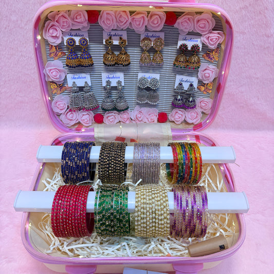 8 Dozen Designer Glass Bangles with 8 Matching Jhumka Earrings Combo | Premium Mini Suitcase Gift Box