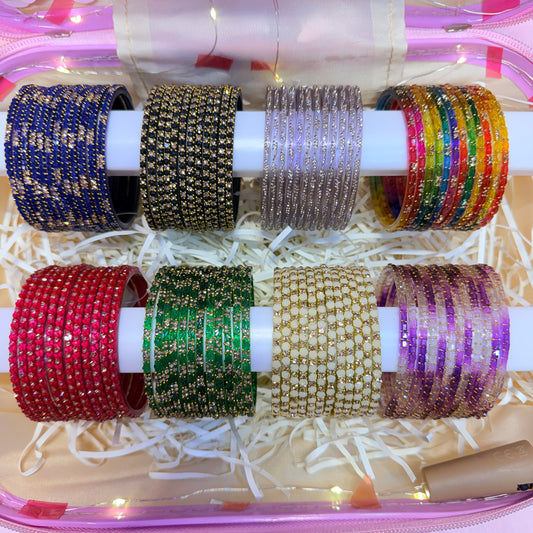 8 Dozen Designer Glass Bangles with 8 Matching Jhumka Earrings Combo | Premium Mini Suitcase Gift Box