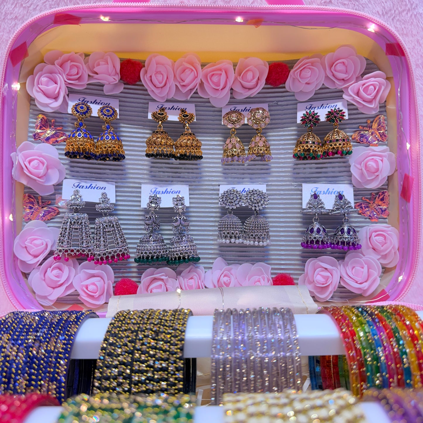 8 Dozen Designer Glass Bangles with 8 Matching Jhumka Earrings Combo | Premium Mini Suitcase Gift Box