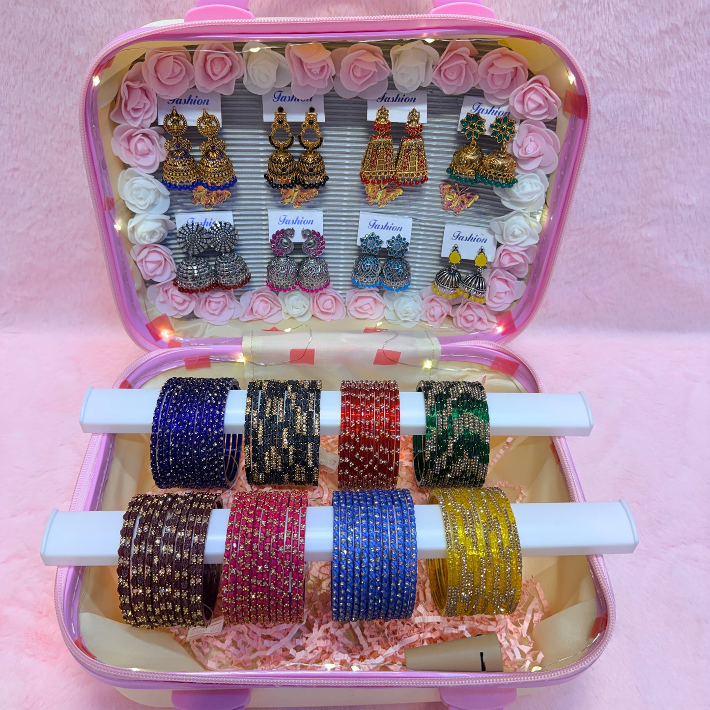 8 Dozen Designer Glass Bangles with 8 Matching Jhumka Earrings Combo | Hello Kitty Premium Suitcase Box