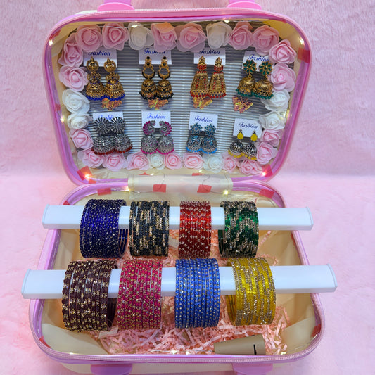 8 Dozen Designer Glass Bangles with 8 Matching Jhumka Earrings Combo | Hello Kitty Premium Suitcase Box