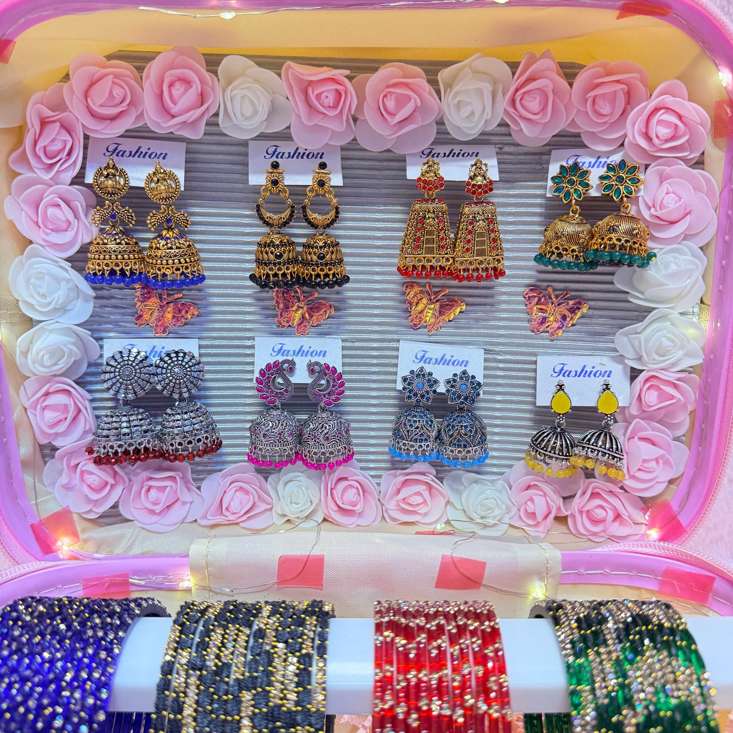8 Dozen Designer Glass Bangles with 8 Matching Jhumka Earrings Combo | Hello Kitty Premium Suitcase Box