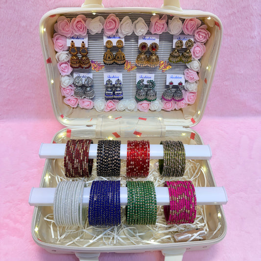 8 Dozen Designer Glass Bangles with 8 Matching Jhumka Earrings Combo | Premium Mini Suitcase Gift Box