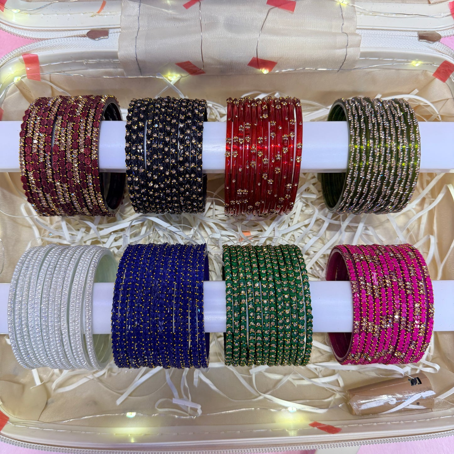 8 Dozen Designer Glass Bangles with 8 Matching Jhumka Earrings Combo | Premium Mini Suitcase Gift Box