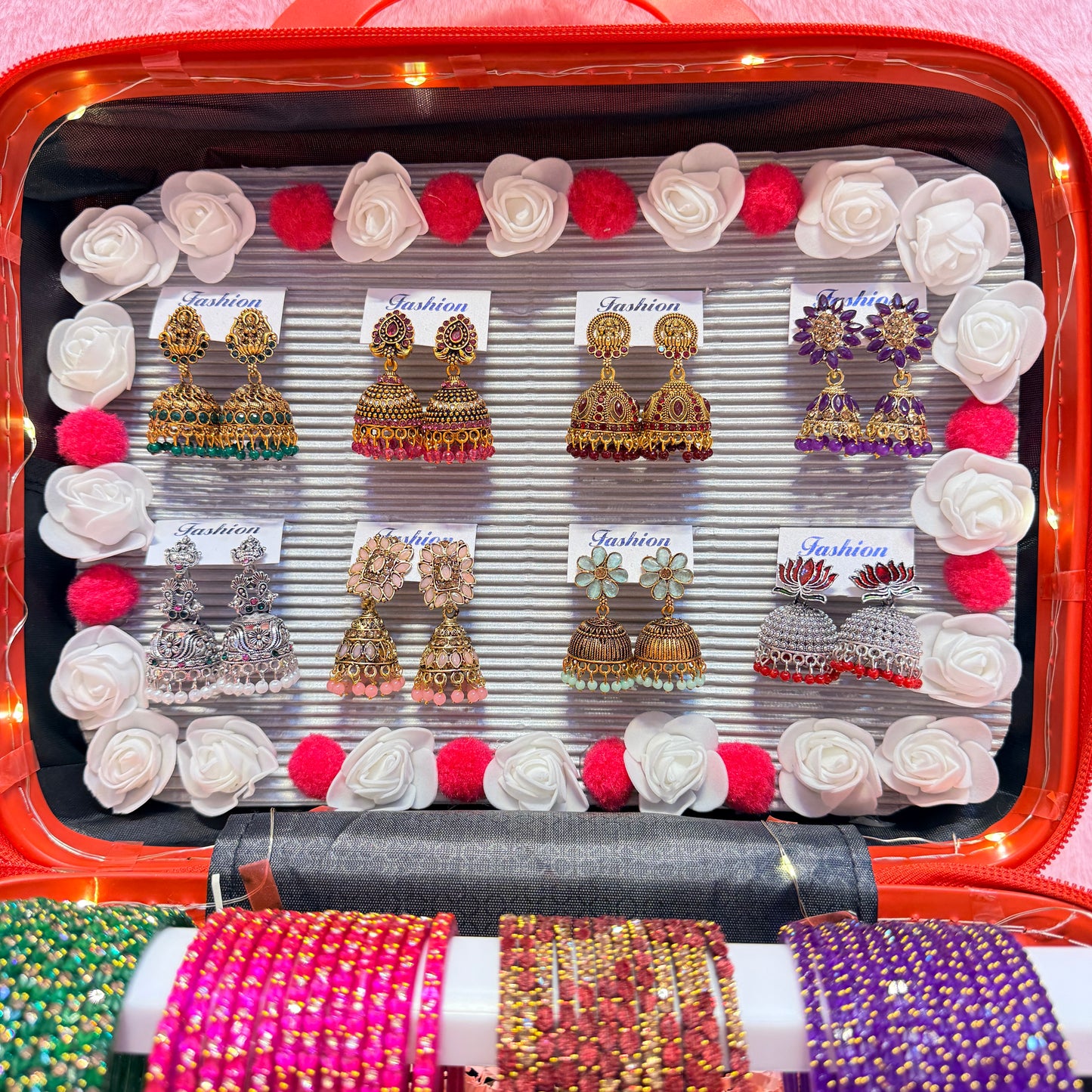 8 Set Glass Bangle with Matching Jhumka Combo Set | Premium Bridal Collection