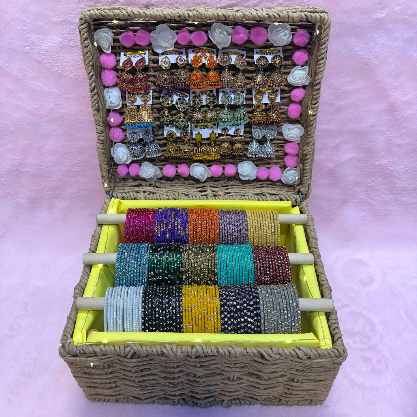 Premium Designer Glass Bangles & Jhumka Combo Hamper | 15 Dozen Bangles + 15 Matching Earrings | Premium Wicker Gift Basket