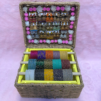 Premium Designer Glass Bangles & Jhumka Combo Hamper | 15 Dozen Bangles + 15 Matching Earrings | Premium Wicker Gift Basket