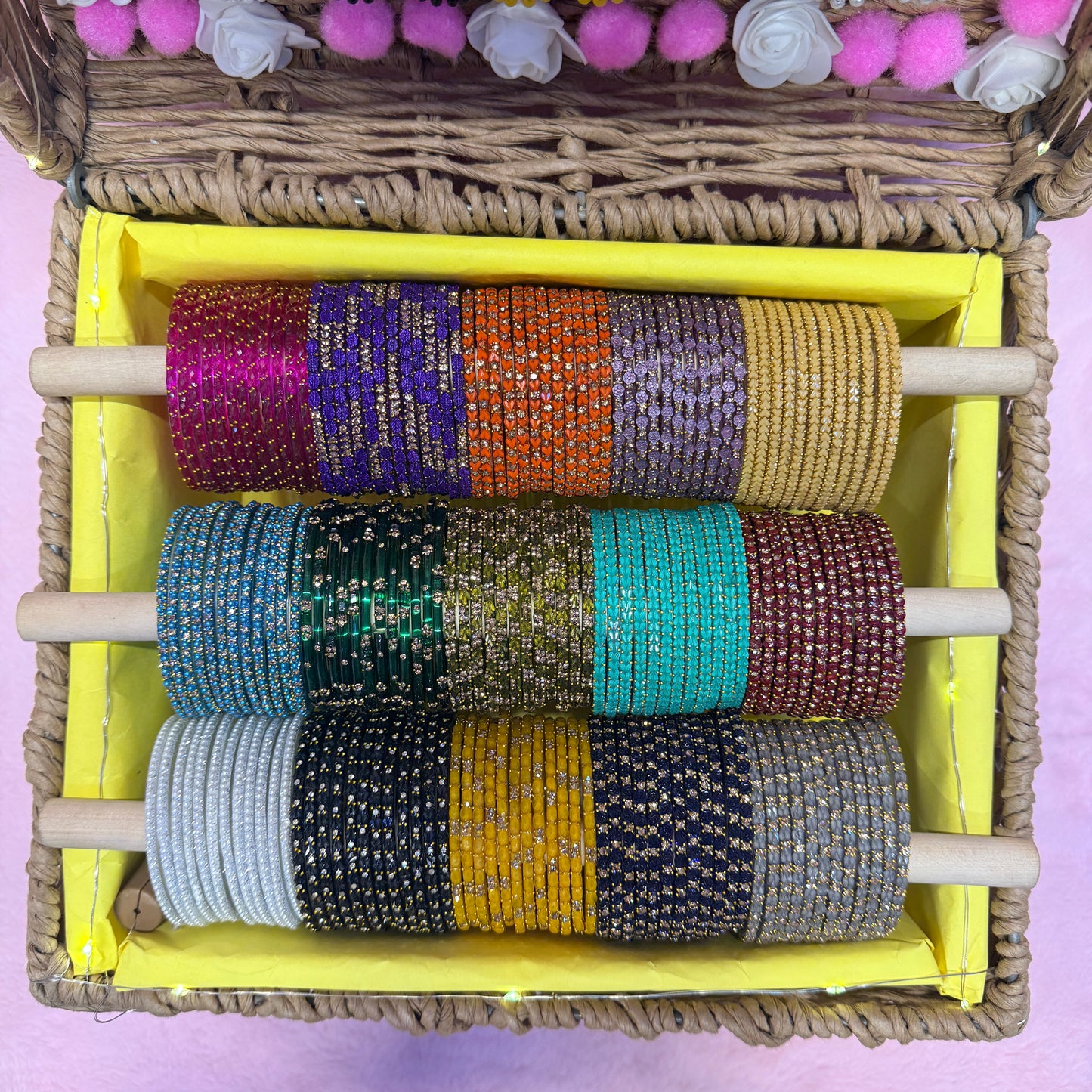Premium Designer Glass Bangles & Jhumka Combo Hamper | 15 Dozen Bangles + 15 Matching Earrings | Premium Wicker Gift Basket