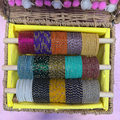 Premium Designer Glass Bangles & Jhumka Combo Hamper | 15 Dozen Bangles + 15 Matching Earrings | Premium Wicker Gift Basket