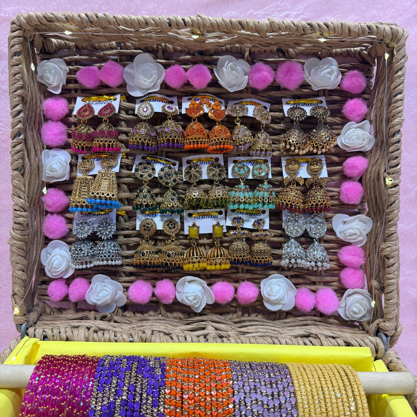 Premium Designer Glass Bangles & Jhumka Combo Hamper | 15 Dozen Bangles + 15 Matching Earrings | Premium Wicker Gift Basket