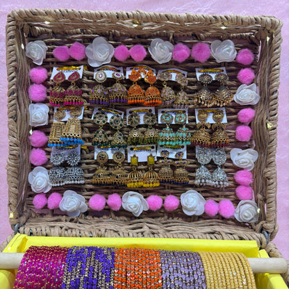 Premium Designer Glass Bangles & Jhumka Combo Hamper | 15 Dozen Bangles + 15 Matching Earrings | Premium Wicker Gift Basket