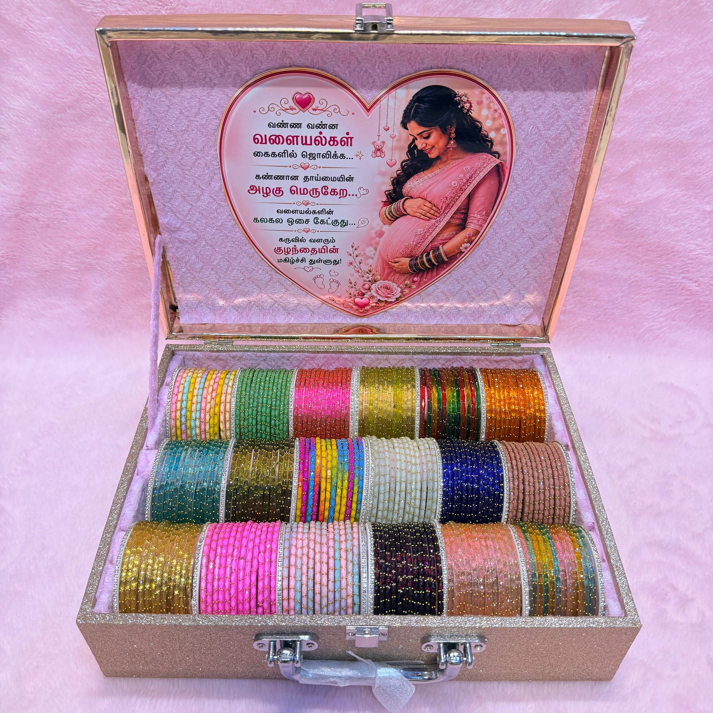 Premium Rain Drop Glass Bangles Gift Hamper | 18 Dozen | Size 2.6 | Luxury Suitcase Valaikappu Gift Box with Tamil Kavithai