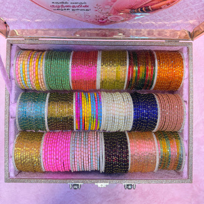 Premium Rain Drop Glass Bangles Gift Hamper | 18 Dozen | Size 2.6 | Luxury Suitcase Valaikappu Gift Box with Tamil Kavithai