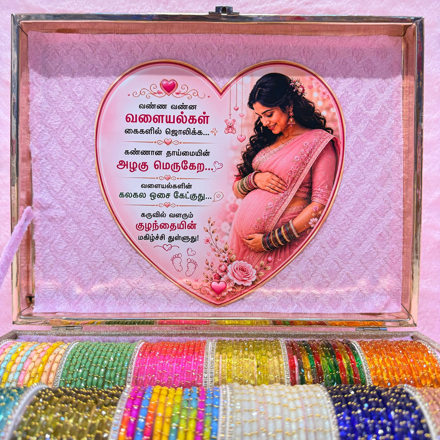 Premium Rain Drop Glass Bangles Gift Hamper | 18 Dozen | Size 2.6 | Luxury Suitcase Valaikappu Gift Box with Tamil Kavithai
