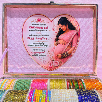 Premium Rain Drop Glass Bangles Gift Hamper | 18 Dozen | Size 2.6 | Luxury Suitcase Valaikappu Gift Box with Tamil Kavithai