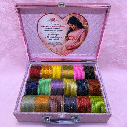 Premium Rain Drop Glass Bangles Gift Hamper | 18 Dozen | Size 2.8 | Luxury Suitcase Valaikappu Gift Box with Tamil Kavithai