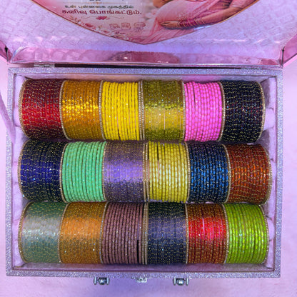 Premium Rain Drop Glass Bangles Gift Hamper | 18 Dozen | Size 2.8 | Luxury Suitcase Valaikappu Gift Box with Tamil Kavithai